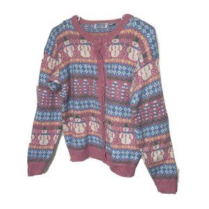 Vintage Ashley Petites Cardigan Sweater Size Medium Pink Blue Holiday Fairy Kei